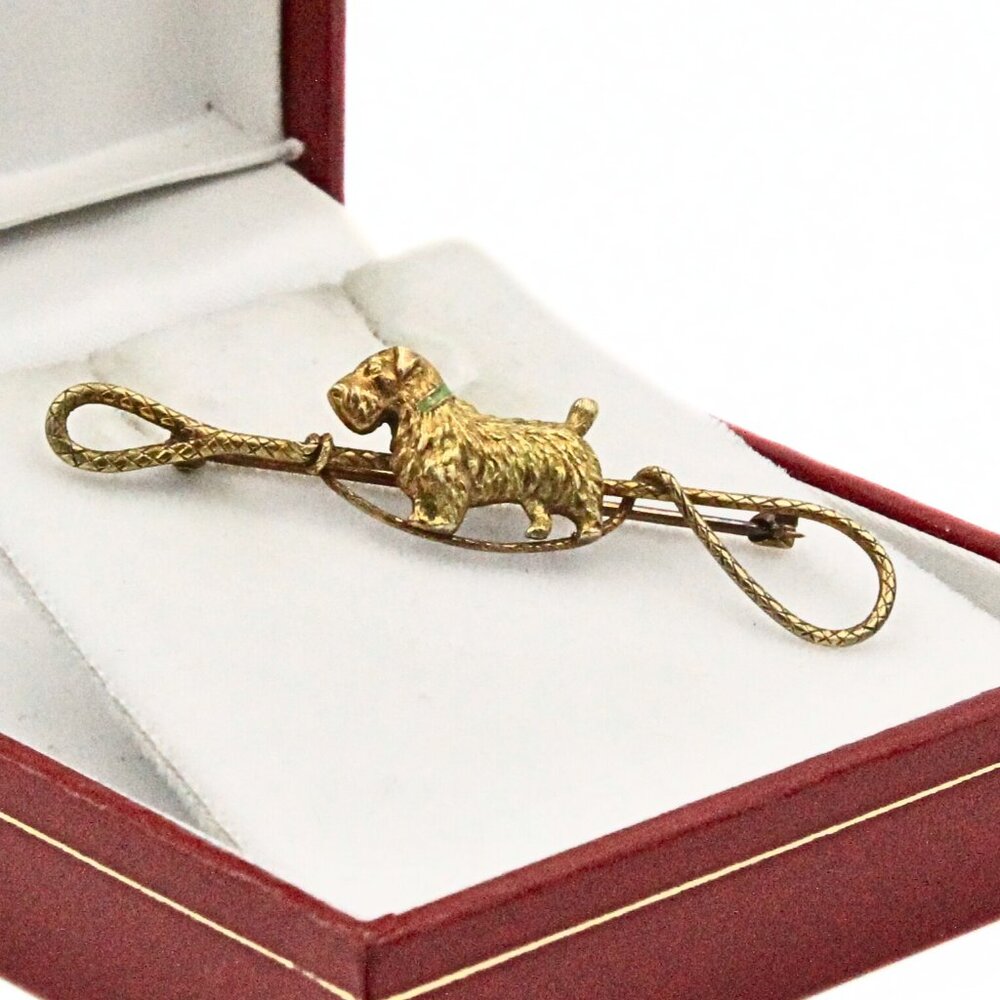 Antique Edwardian 14K Yellow Gold Dog Pin W/Leash